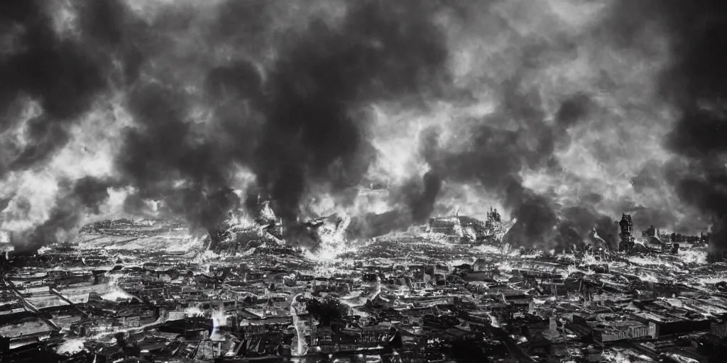 Prompt: steampunk city engulfed in flames, wide-angle shot, 28mm lens, 120mm black and white film