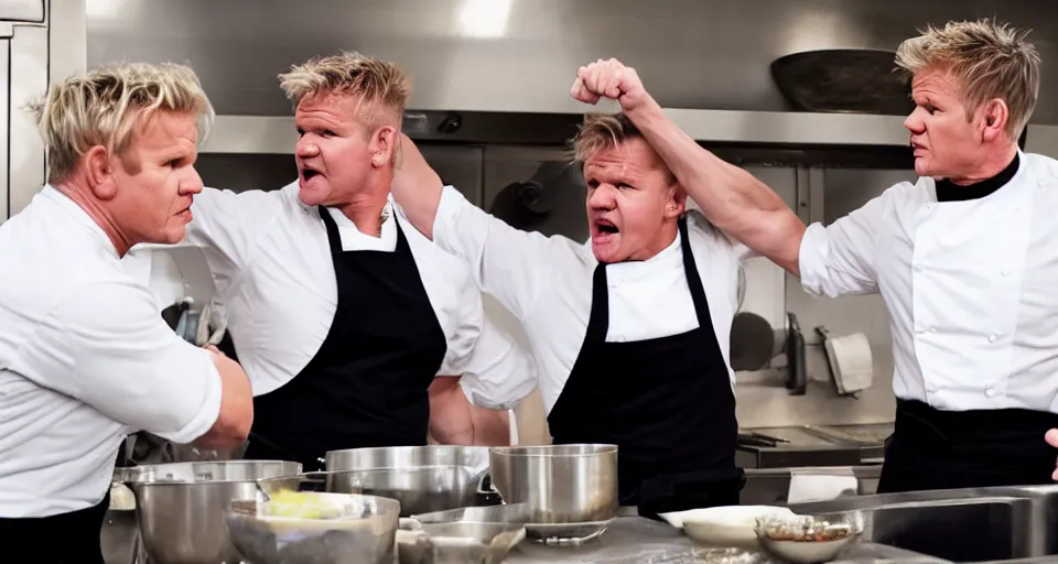 Image similar to photo of angry furious Gordon Ramsay punching Gordon Ramsay at the kitchen