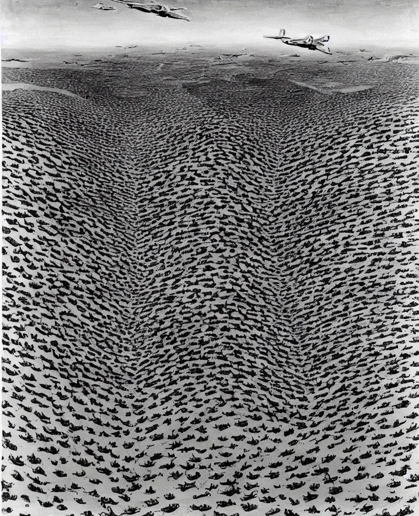 Image similar to a beautiful painting of bombs impact on desert in el alamein battle, wwii, black and white, painted by escher