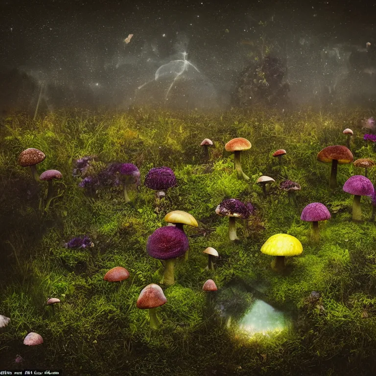 Image similar to a planet of various fungus, mushrooms, flowers and plants, inside the picture is infinity, Atmospheric, artistic photography, conceptual, long exposure outside the city, volumetric light