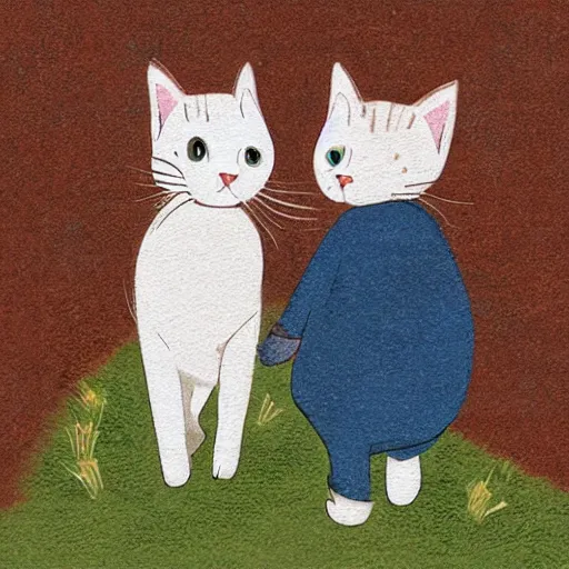 Image similar to two calico cats walking together outside on a beautiful day, cute storybook illustration