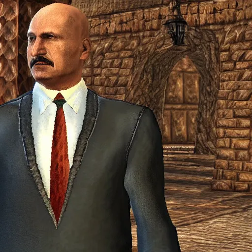 Prompt: Alexander Lukashenko wearing a suit and tie in Balmora in Elder Scrolls III: Morrowind, outdated 2002 Morrowind graphics