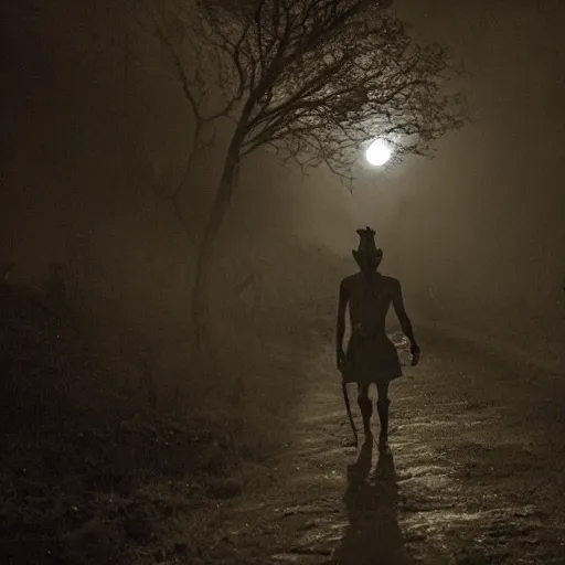 Prompt: a mythical demon roaming a village in nepal at night, very scary photo, moonlit