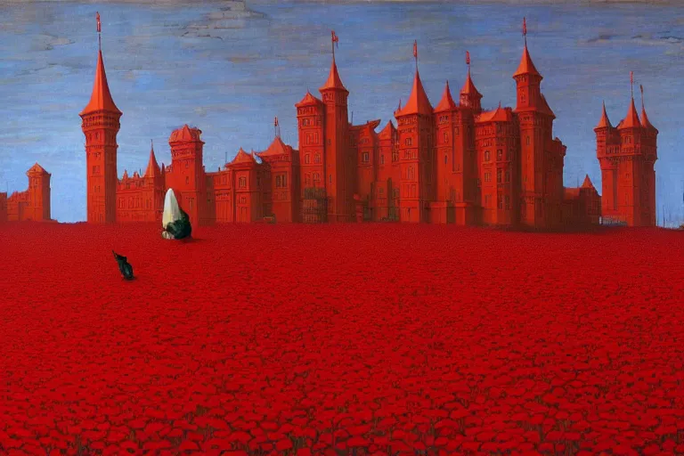 Image similar to only with red, red flowers of different types, red castle in background, red medieval big goblins, in the style of beksinski, parts by edward hopper, parts by rodcenko, parts by yue minjun, intricate and epic composition, red by caravaggio, insanely quality, highly detailed, masterpiece, red light, artstation, 4 k