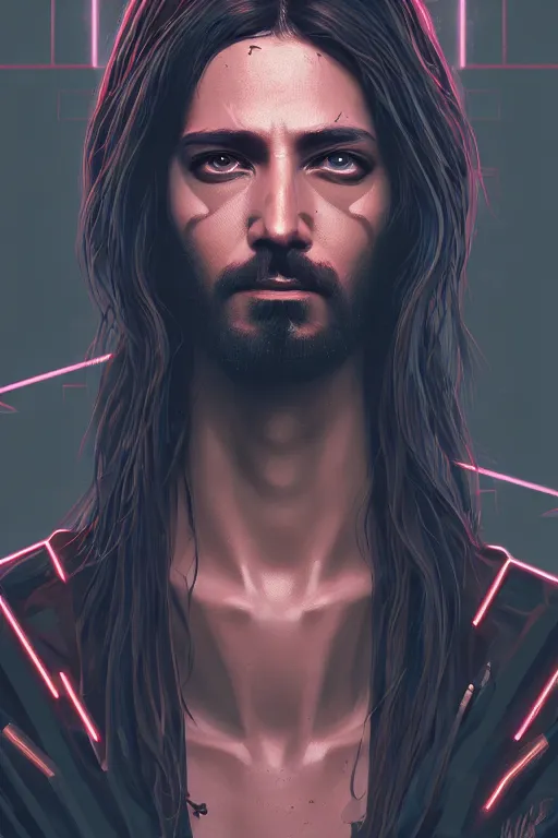 Image similar to a portrait of cyberpunk jesus, grim - lighting, high - contrast, intricate, elegant, highly detailed, digital painting, artstation, concept art, smooth, sharp focus, illustration