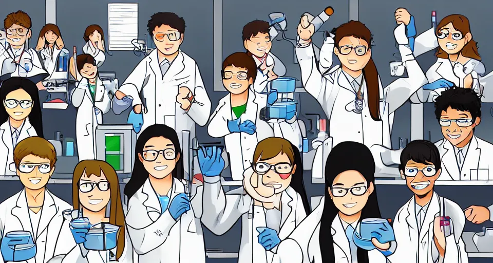 Prompt: cartoon of lab science students at internship, manga style