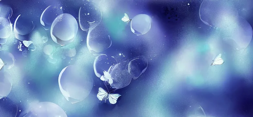 Prompt: ethereal! pale blue butterflies comercial hd underwater bubbles! hd soft metallic texture