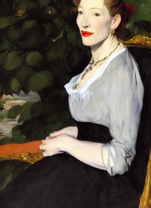 Image similar to An antique oil painting of cate blanchett by Manet, super detailed, photorealism, hd