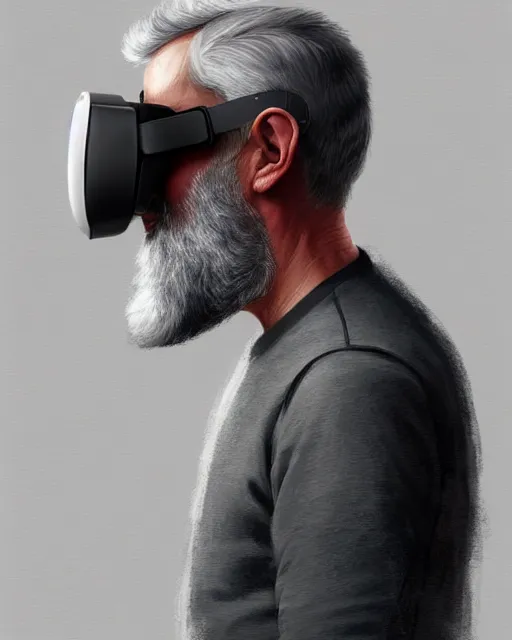 Prompt: a grey bearded man wearing a vr headset, shoreditch, real life skin, intricate, highly detailed, artstation, concept art, smooth, sharp focus, art by artgerm and greg rutkowski