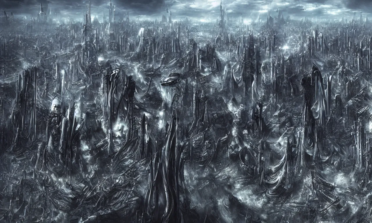Prompt: a horrific view of a giant alien city, surrealism in the syle of Hans Ruedi Giger, Ultra HD wallpaper, 4k resolution