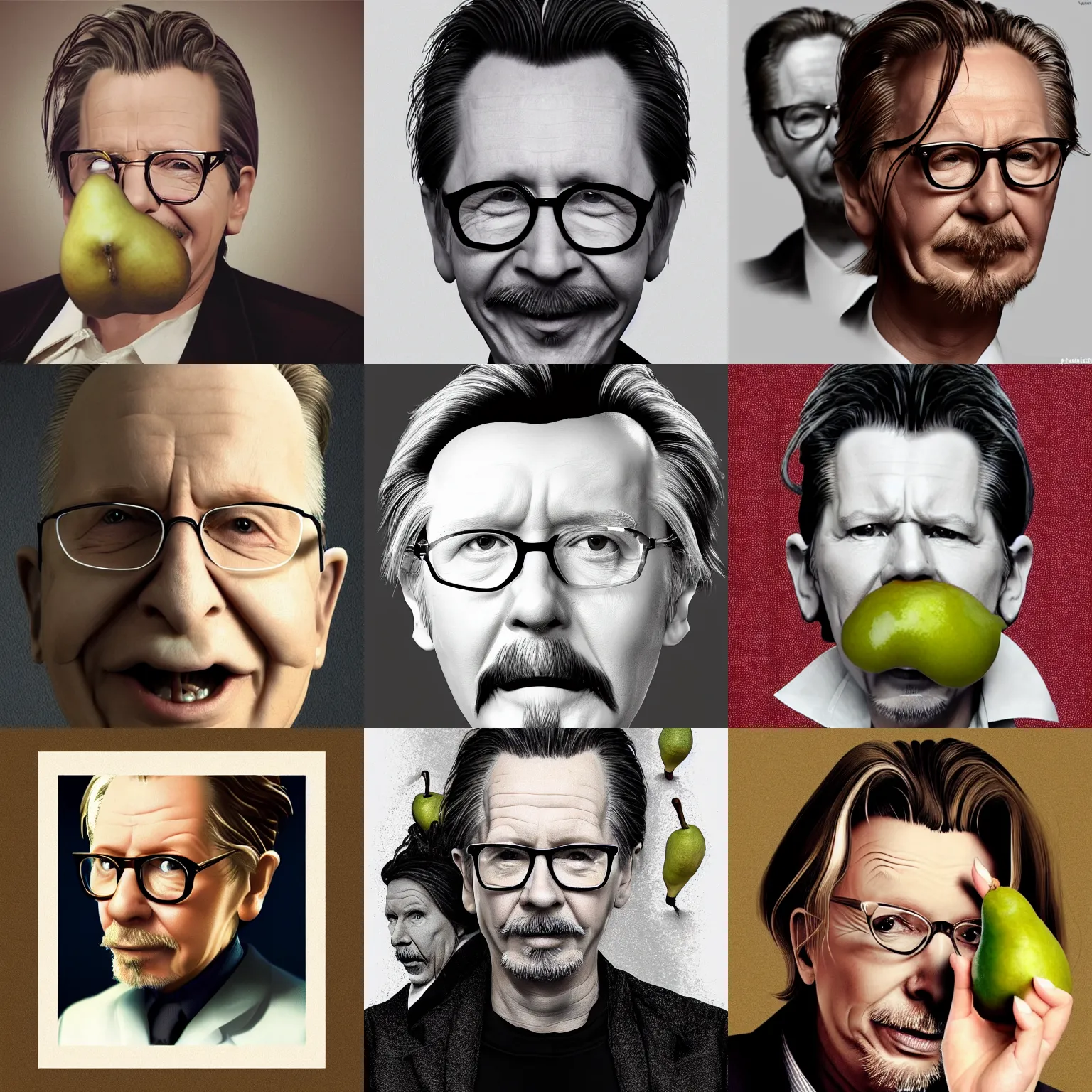 Prompt: gary oldman's face on a pear, gary oldman with a pear for a head, trending on artstation