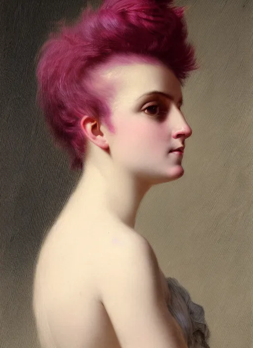 Image similar to a detailed portrait of woman with a mohawk by edouard bisson, year 1 8 5 0, pink hair, punk rock, oil painting, muted colours, soft lighting