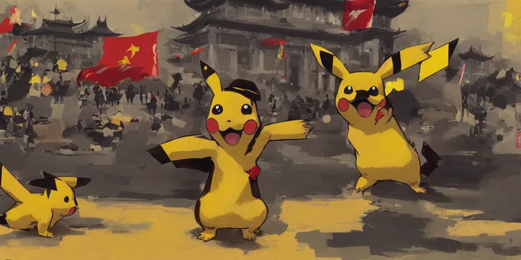 Image similar to Pikachu comes to Tiananmen Square, by phil hale, ashley wood, medium shot, cinematic lighting, high detail