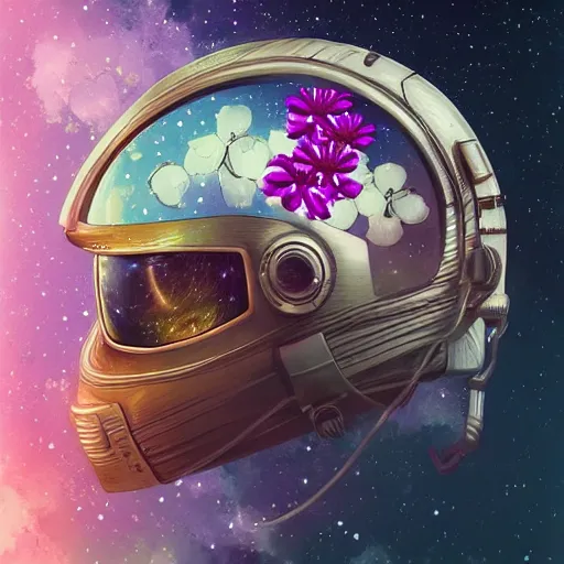 Image similar to artstation realistic illustration astronaut's helmet with field of flowers in space