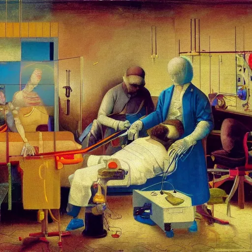 Prompt: A beautiful computer art of a team of surgeons gathered around a patient on an operating table, with one surgeon in the process of cutting into the patient's chest. The computer art is full of intense colors and brushstrokes, conveying the urgency and intensity of the surgery. by Joseph Cornell, by Paul Lehr ordered, elaborate