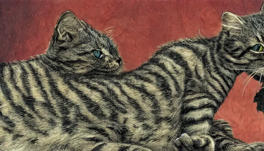 Image similar to bernie wrightson tabby cat morphed with alligator skin swimming pool veterinary diagram optical illusion