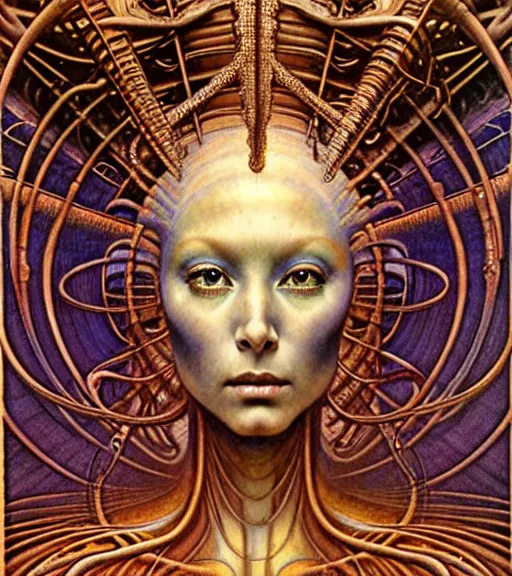 Image similar to detailed realistic beautiful young cher alien robot as queen of mars portrait by jean delville, gustave dore and marco mazzoni, art nouveau, symbolist, visionary, fractal, baroque. horizontal symmetry by zdzisław beksinski, iris van herpen, raymond swanland and alphonse mucha. highly detailed, hyper - real, beautiful