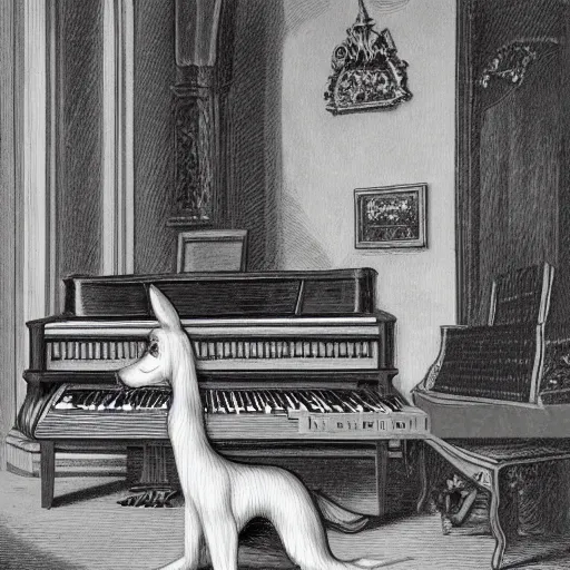 Prompt: Detailed art of a borzoi dog in a sharp suit playing a piano in a Gothic Mansion