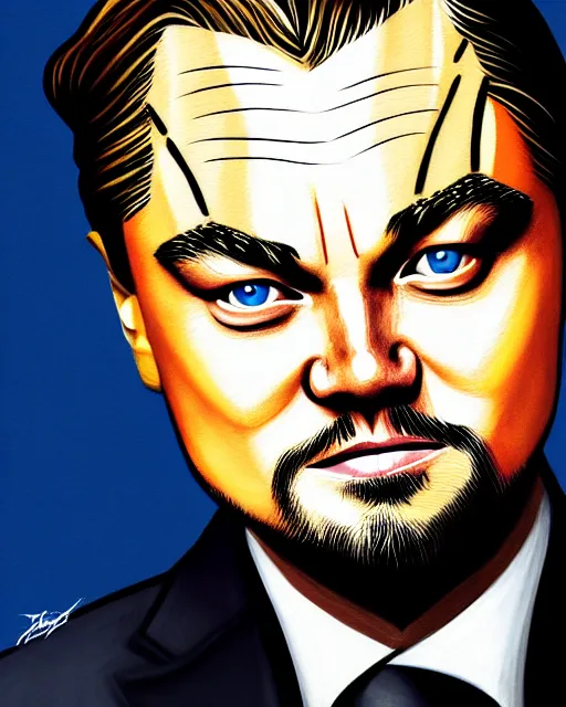 Image similar to painting portrait of leonardo dicaprio as a carp fish, cartoon, warm lighting, leonardo dicaprio has an carp fish body, movie poster, illustration by bartek fedyczak, erak note, tooth wu, neil richards, kan liu, siwoo kim, jisu choe, trending on art station