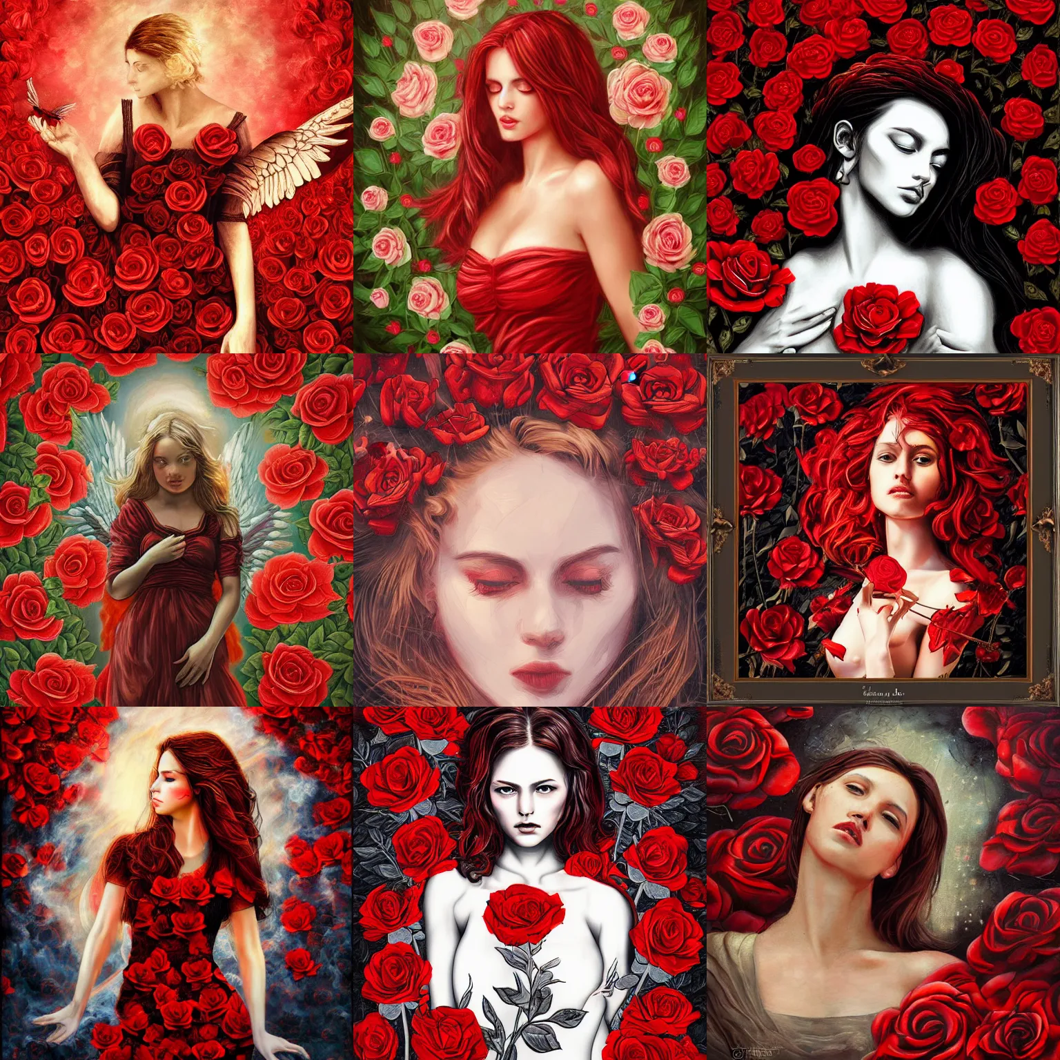 Prompt: red angel in a field of burning roses oil painting, portrait, intricate complexity, rule of thirds, in the style of Artgerm