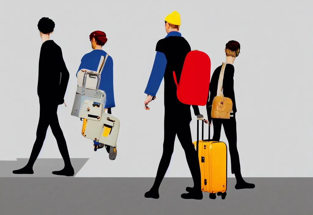 Image similar to full body portrait of a duo of young english tourists travel apparel, various poses walking and carrying luggage, geometric character designs painting, in the style of wes anderson, rene magritte, lola dupre, david hockney, isolated on white background, dark monochrome neon spraypaint accents octane render