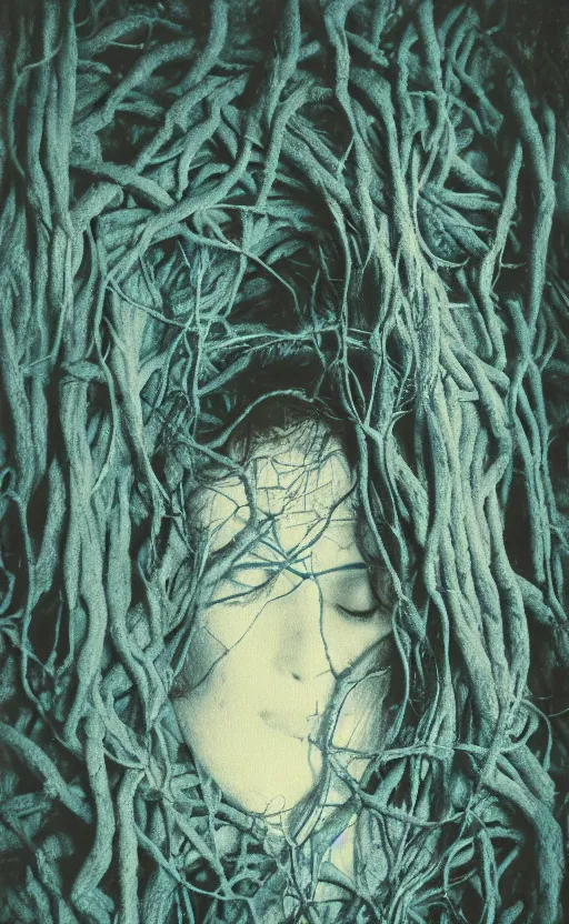 Image similar to blue vines in a dark cave forming a human face, creepy, extreme detail, realistic, polaroid color photo, vintage, stunning 8 k, neutral colors, by gregory crewdson