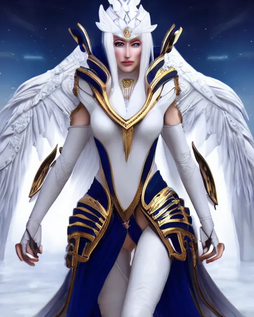 Image similar to perfect white haired egyptian goddess wearing white dove wings, warframe armor, regal, attractive, ornate, sultry, beautiful, dreamy, half asian, pretty face, blue eyes, detailed, scifi platform, 4 k, ultra realistic, epic lighting, android body, illuminated, cinematic, masterpiece, art by akihito tsukushi, voidstar, artgerm