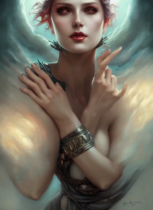 Prompt: a beautiful woman with horns, painted by artgerm and tom bagshaw, fantasy art, dramatic lighting, highly detailed oil painting