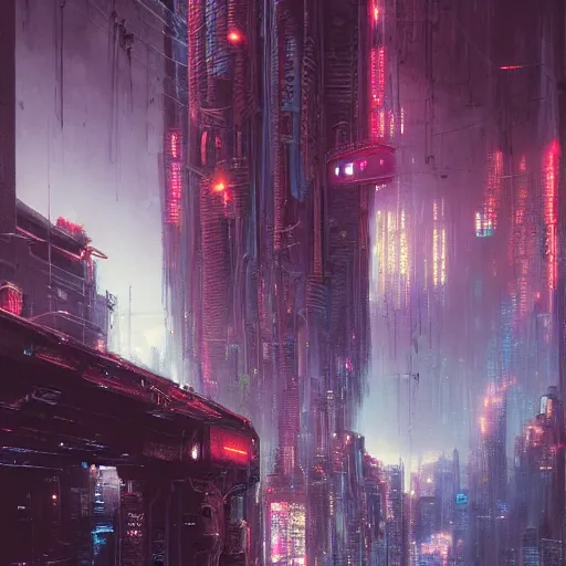 Image similar to an enigmatic and terrifying painting of a cyberpunk universe by marc simonetti, greg rutkowski, ferdinand knab, colour, hyper detail, 8 k, city, universe, nebula, cars, neon, neo - tokyo, burst of colour, imaginary, concept art, out of this world, depth, incredible depth