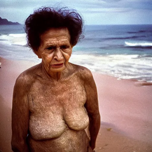 Prompt: old lady in rio de janeiro beach, photographed by annie leibovitz, brazil, 8 0 s
