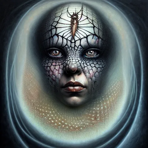 Image similar to cosmic fractal spider portrait by giger, by tomasz alen kopera and peter mohrbacher.