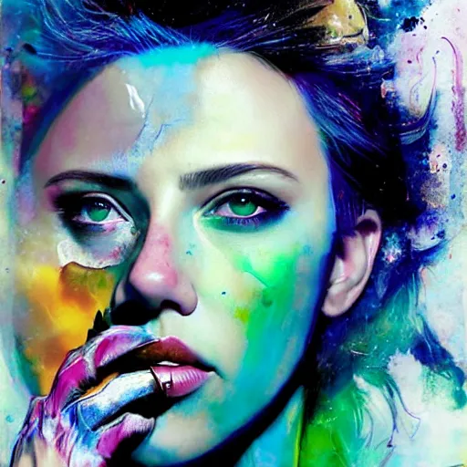 Image similar to drunken scarlett johansson as delirium from sandman, ( hallucinating colorful soap bubbles ), by jeremy mann, by sandra chevrier, by dave mckean and richard avedon and maciej kuciara, punk rock, tank girl, high detailed, green eye and blue eye, 8 k