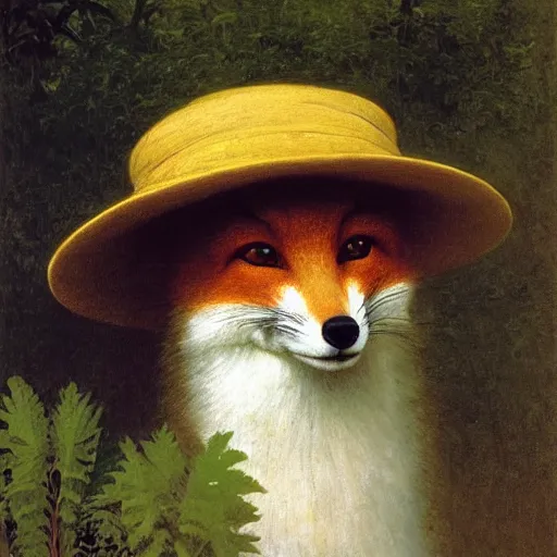 Image similar to A portrait of a fox wearing a hat full of dandelions, by Robert Cleminson and William-Adolphe Bouguereau