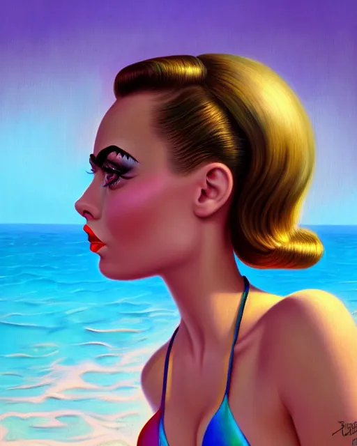 Image similar to closeup profile portrait of a 1 9 5 0 s cara delevigne wearing a bikini, mark ryden, lostfish, max fleischer, hyper realistic, artstation, illustration, digital paint, matte paint, vivid colors, bright, cheerful, detailed and intricate environment