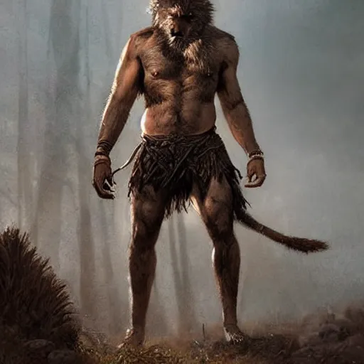 Prompt: Portrait of a rugged werewolf, male, muscular, detailed face, bare thighs!!!, tribal clothing!!!!!, fantasy, medieval, highly detailed, cinematic lighting, digital art painting by greg rutkowski