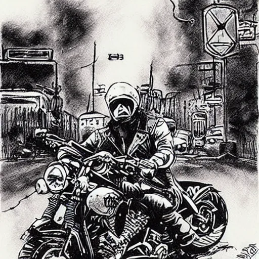 Prompt: hells angel biker riding through a burning street, intricate ink drawing, highly detailed in the style of Ashley Wood
