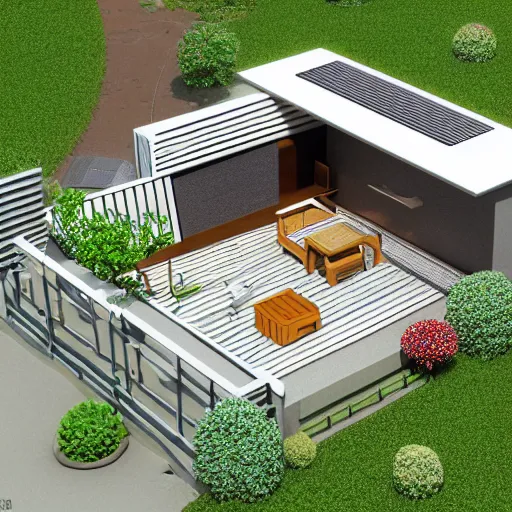 Image similar to isometric Japanese home with garden, aerial view, blender render, 3D model