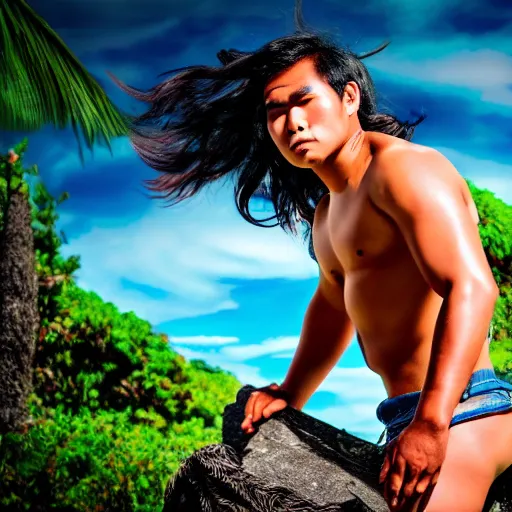 Image similar to a pacific islander warrior on a canoue, 4 k, hyper realistic, dslr, high resolution, landscape, beautiful