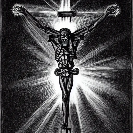 Prompt: A crucifix made of light, with two evil skeletons on both sides being burnt by its light. Dark Fantasy, Film Noir, Black and White. High Contrast, Mike Mignola, D&D, OSR