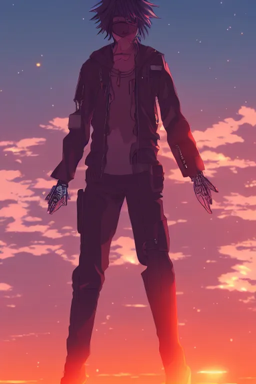 Image similar to beautiful anime man in a cyberpunk environment, sunset, very accurate and detailed, 8k