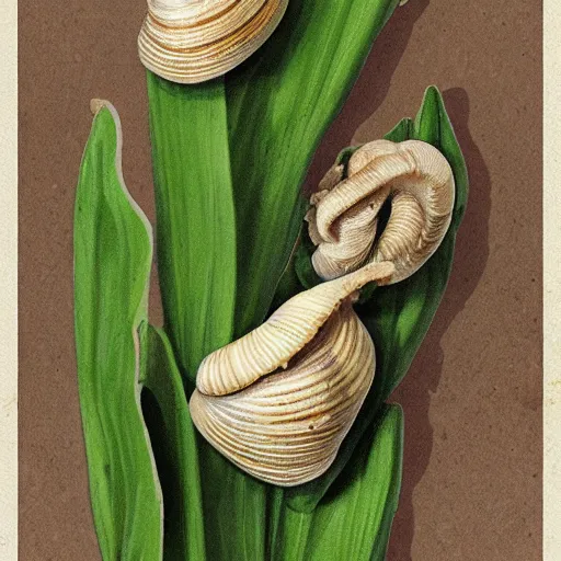 Image similar to snails in their shell by Hamid Savkuev, close-up, botanical illustration