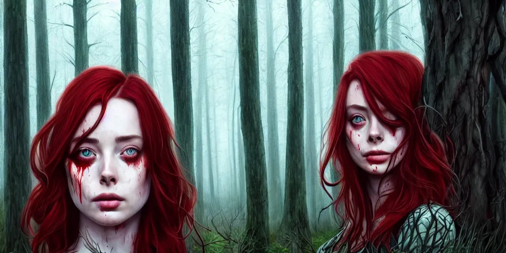 Prompt: surrounded by trees, realistic character concept, gorgeous Kacey Rohl, red hair, small freckles, symmetrical face, symmetrical eyes, full body, covered in blood, dark forest, Wendigo in background, trees, shorter neck, cinematic lighting, Joshua Middleton and artgerm, fear anxiety terror