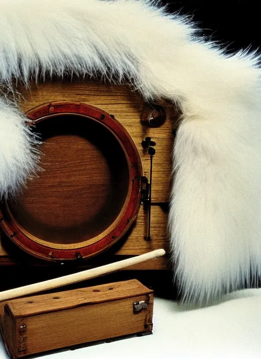 Prompt: realistic photo of a a medieval wooden astronomic archeology scientific equipment made of brushwood, with white fluffy fur, by dieter rams 1 9 9 0, life magazine reportage photo, natural colors