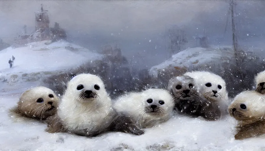 Image similar to highly detailed closeup painting of cute furry white baby seals inside a snowy playpark by william turner, by greg rutkowski, by william constable, thick brush strokes and visible paint layers, 4 k resolution