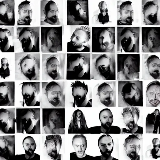 Image similar to overlapping sheets of random thom yorke versions, hyper realistic, many very random variations of thom yorke, various emotions, various poses, high quality photographs, mixed styles, intricate details, beautiful lighting, diverse