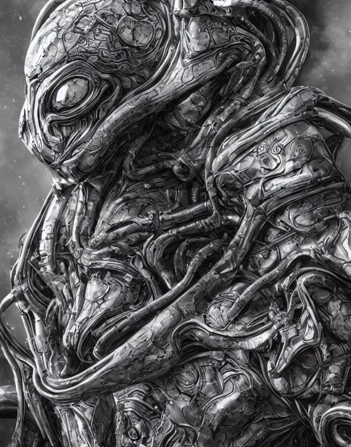 Image similar to engineer prometheus face, xenomorph alien face, highly detailed, symmetrical long head face, smooth marble surfaces, detailed ink illustration, raiden metal gear, cinematic smooth stone, deep aesthetic, concept art, post process, 4k, carved marble texture and silk cloth, latex skin, highly ornate intricate details, prometheus, evil, moody lighting, hr geiger, hayao miyazaki, indsutrial Steampunk