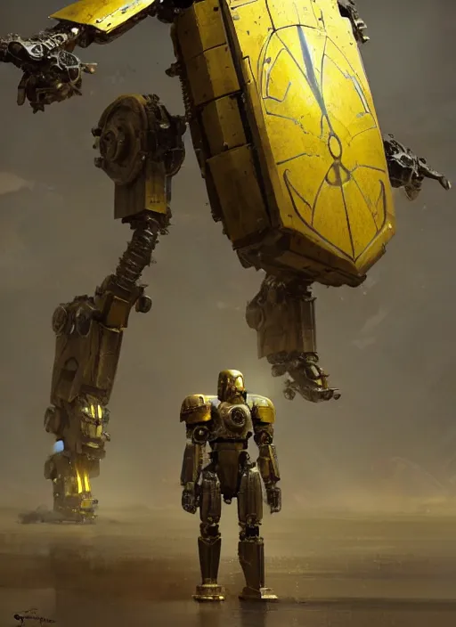 Image similar to human-sized strong intricate yellow pit droid carrying very detailed perfect antique great sword and beautiful large paladin shield, pancake short large head, exposed metal bones, painterly humanoid mecha, slightly far away, by Greg Rutkowski