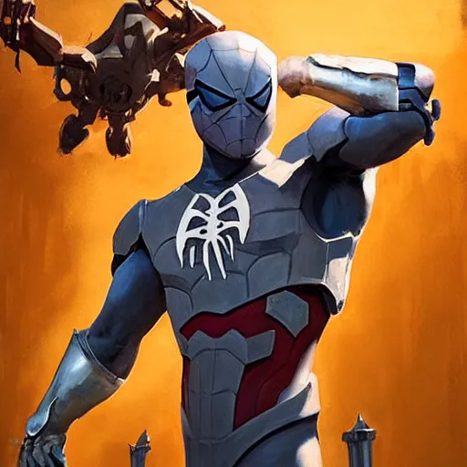 Image similar to greg manchess portrait painting of partially armored spiderman with exo - skeleton as overwatch character, medium shot, asymmetrical, profile picture, organic painting, sunny day, matte painting, bold shapes, hard edges, street art, trending on artstation, by huang guangjian, gil elvgren, ruan jia, greg rutkowski, gaston bussiere