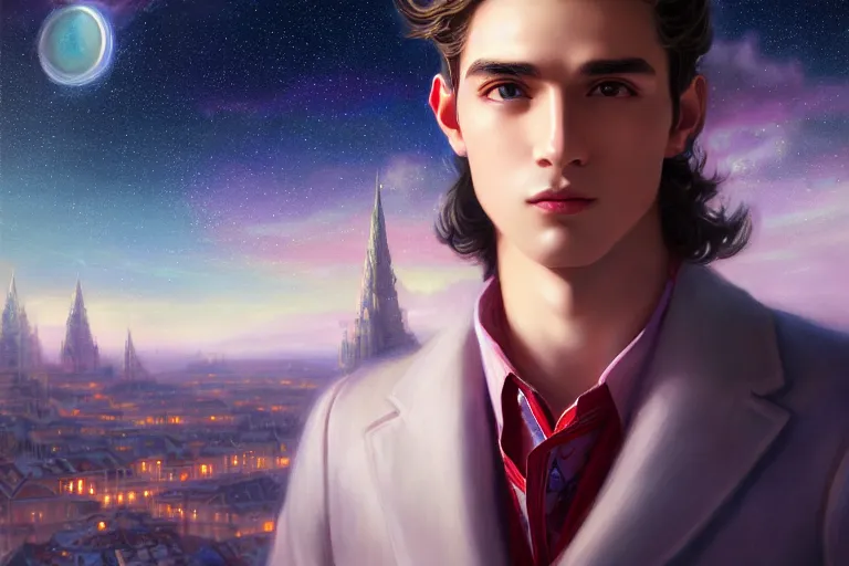 Prompt: masterpiece portrait charming and miracle male luxury astromancer in dreamlike movie, preppy clothes, miracle, hyper detailed face, art by artgerm, greg rutkowski, magali villeneuve, huang guangjian, major starry sky and city in background, uhd, medium close up shot, fantasy, no distorsion, sharp focus