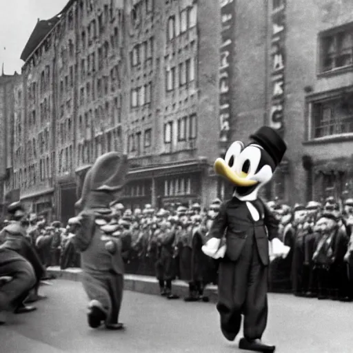 Image similar to historic colorized photograph of donald duck at a nazi parade in 1 9 3 6